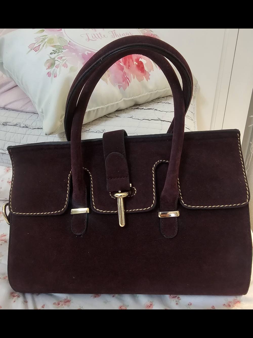 Suede Structured Satchel Bag in Deep Burgundy